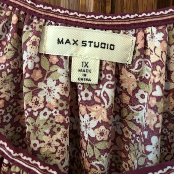 Max Studio Women’s shirt, floral multi with ruffle sleeves and tie neck, 1X - Picture 2 of 6